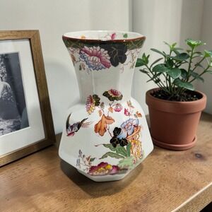 Antique Mason's Persiana Ironstone Octagonal Bud Vase Floral Bird Chinoiserie 6"